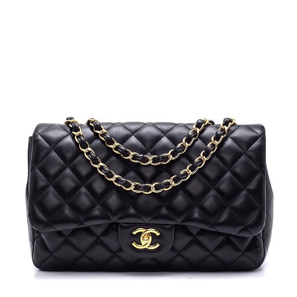 Chanel - Black / Gold Quilted Lambskin Leather Jumbo Single Flap Bag 